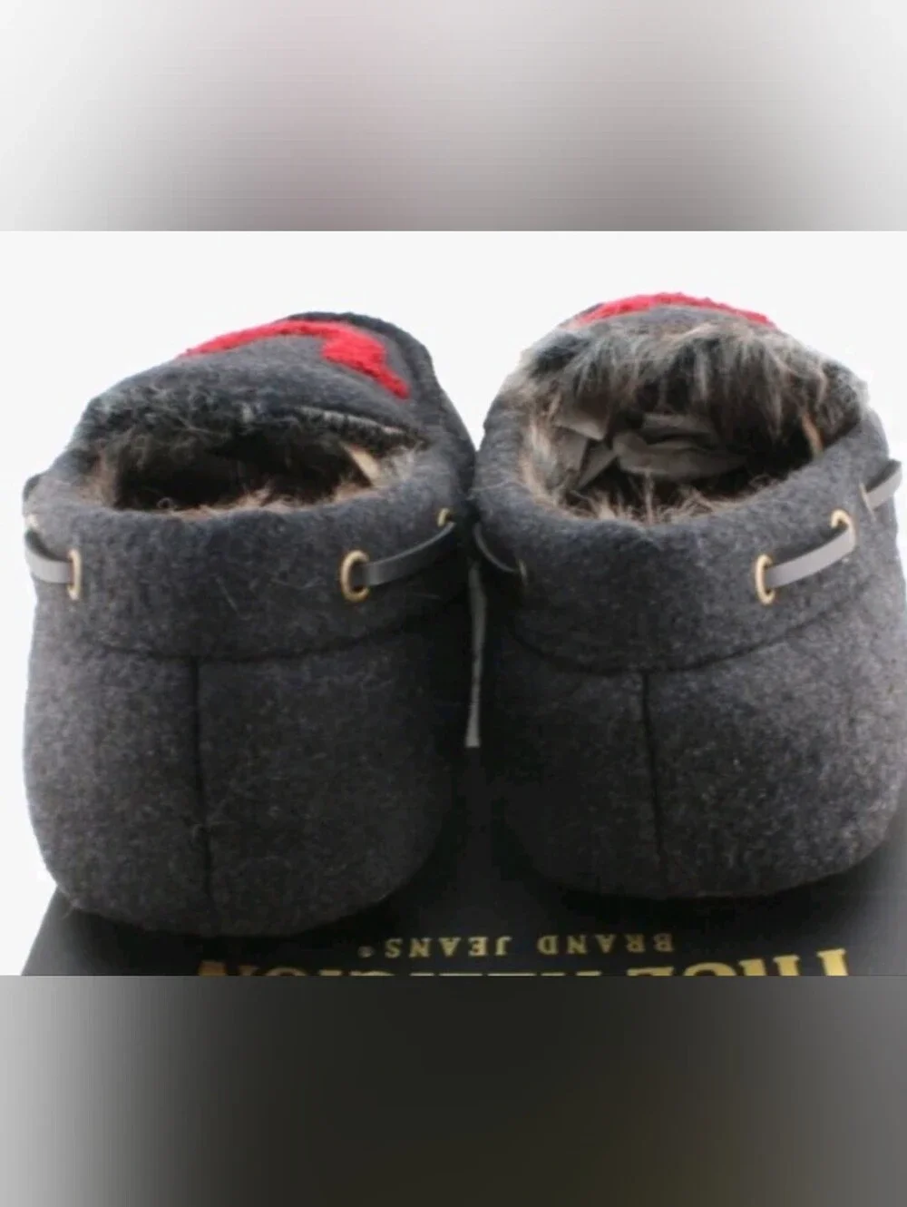 True Religion Black Faux Fur Moccasin Slipper with Red Logo
